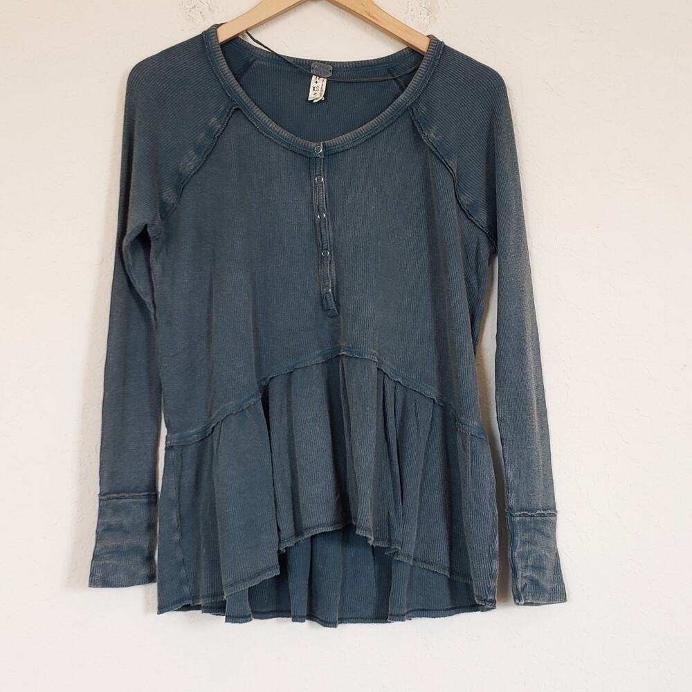 Free People Waffle Knit Henley Coastline Peplum Long‎ Sleeve Shirt Women's XS